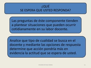 ¿QUÉ
      SE ESPERA QUE USTED RESPONDA?


 Las preguntas de éste componente tienden
 a plantear situaciones que pueden ocurrir
 cotidianamente en su labor docente.


Analice que tipo de cualidad se busca en el
docente y mediante las opciones de respuesta
determine que acción pondría más en
evidencia la actitud que se espera de usted.

                 VIVIANA M RUIZ ARIAS          11
 