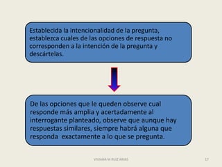 Establecida la intencionalidad de la pregunta,
establezca cuales de las opciones de respuesta no
corresponden a la intención de la pregunta y
descártelas.




De las opciones que le queden observe cual
responde más amplia y acertadamente al
interrogante planteado, observe que aunque hay
respuestas similares, siempre habrá alguna que
responda exactamente a lo que se pregunta.

                      VIVIANA M RUIZ ARIAS          17
 