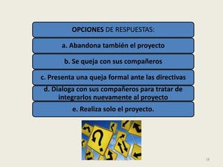 OPCIONES DE RESPUESTAS:

       a. Abandona también el proyecto

       b. Se queja con sus compañeros

c. Presenta una queja formal ante las directivas
 d. Dialoga con sus compañeros para tratar de
      integrarlos nuevamente al proyecto
          e. Realiza solo el proyecto.




                 VIVIANA M RUIZ ARIAS              18
 