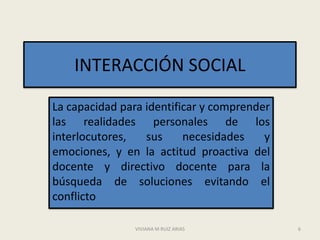 INTERACCIÓN SOCIAL

La capacidad para identificar y comprender
las realidades personales de los
interlocutores,   sus     necesidades    y
emociones, y en la actitud proactiva del
docente y directivo docente para la
búsqueda de soluciones evitando el
conflicto

               VIVIANA M RUIZ ARIAS          6
 