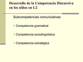 Desarrollo de la Competencia Discursiva
en los niños en L2

  Subcompetencias comunicativas:

     Competencia gramatical

     Competencia sociolingüística

     Competencia estratégica
 
