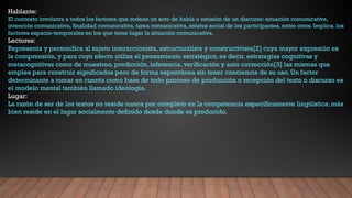 Hablante:
El contexto involucra a todos los factores que rodean un acto de habla o emisión de un discurso: situación comunicativa,
intención comunicativa, finalidad comunicativa, tarea comunicativa, estatus social de los participantes, entre otros. Implica, los
factores espacio-temporales en los que tiene lugar la situación comunicativa.
Lectores:
Representa y personifica al sujeto interaccionista, estructuralista y constructivista[2] cuya mayor expresión es
la comprensión, y para cuyo efecto utiliza el pensamiento estratégico, es decir, estrategias cognitivas y
metacognitivas como de muestreo, predicción, inferencia, verificación y auto corrección[3] las mismas que
emplea para construir significados pero de forma espontánea sin tener conciencia de su uso. Un factor
determinante a tomar en cuenta como base de todo proceso de producción o recepción del texto o discurso es
el modelo mental también llamado ideología.
Lugar:
La razón de ser de los textos no reside nunca por completo en la competencia específicamente lingüística; más
bien reside en el lugar socialmente definido desde donde es producido.
 