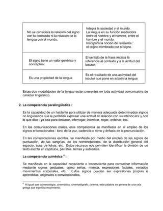 Integra la sociedad y el mundo.
      No se considera la relación del signo            La lengua en su función mediadora
      con lo denotado ni la relación de la             entre el hombre y el hombre, entre el
      lengua con el mundo.                             hombre y el mundo.
                                                       Incorpora la noción de referente :
                                                       el objeto nombrado por el signo.


                                                      El sentido de la frase implica la
       El signo tiene un valor genérico y             referencia al contexto y a la actitud del
       conceptual.                                    locutor.


                                                      Es el resultado de una actividad del
       Es una propiedad de la lengua                  locutor que pone en acción la lengua



  Estas dos modalidades de la lengua están presentes en toda actividad comunicativa de
  carácter lingüístico.


2. La competencia paralingüística :

  Es la capacidad de un hablante para utilizar de manera adecuada determinados signos
  no lingüísticos que le permiten expresar una actitud en relación con su interlocutor y con
  lo que dice : ya sea para declarar, interrogar, intimidar, rogar, ordenar, etc.

  En las comunicaciones orales, esta competencia se manifiesta en el empleo de los
  signos entonacionales : tono de la voz, cadencia o ritmo y énfasis en la pronunciación.

  En las comunicaciones escritas, se manifiesta por medio del empleo de los signos de
  puntuación, de las sangrías, de los nomencladores, de la distribución general del
  espacio, tipos de letras, etc. Estos recursos nos permiten identificar la división de un
  texto escrito en capítulos, párrafos, temas y subtemas.

  La competencia quinésica 4 :

  Se manifiesta en la capacidad consciente o inconsciente para comunicar información
  mediante signos gestuales, como señas, mímica, expresiones faciales, variados
  movimientos corporales, etc.      Estos signos pueden ser expresiones propias o
  aprendidas, originales o convencionales.

  4
    Al igual que quinesiología, cinemática, cinematógrafo, cinema, esta palabra se genera de una raíz
  griega que significa movimiento.
 
