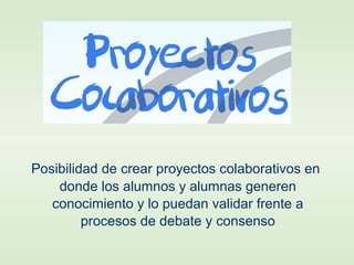 Posibilidad de crear proyectos colaborativos en
donde los alumnos y alumnas generen
conocimiento y lo puedan validar frente a
procesos de debate y consenso
 