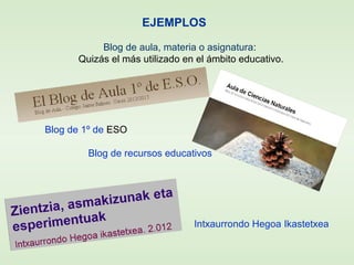 EJEMPLOS
Blog de aula, materia o asignatura:
Quizás el más utilizado en el ámbito educativo.
Blog de 1º de ESO
Blog de recursos educativos
Intxaurrondo Hegoa Ikastetxea
 