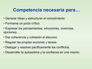 Competencia necesaria para…
• Generar ideas y estructurar el conocimiento
• Formarse un juicio crítico
• Expresar los pensamientos, emociones, vivencias,
opiniones…
• Dar coherencia y cohesión al discurso
• Regular las propias acciones y tareas.
• Dialogar y resolver pacíficamente los conflictos.
• Desarrollar la autoestima y la confianza en uno mismo.
 