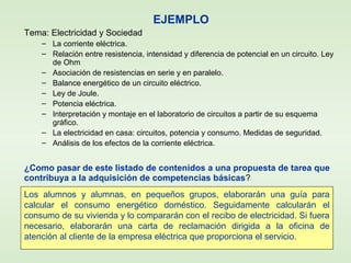 EJEMPLO
Tema: Electricidad y Sociedad
– La corriente eléctrica.
– Relación entre resistencia, intensidad y diferencia de potencial en un circuito. Ley
de Ohm
– Asociación de resistencias en serie y en paralelo.
– Balance energético de un circuito eléctrico.
– Ley de Joule.
– Potencia eléctrica.
– Interpretación y montaje en el laboratorio de circuitos a partir de su esquema
gráfico.
– La electricidad en casa: circuitos, potencia y consumo. Medidas de seguridad.
– Análisis de los efectos de la corriente eléctrica.
¿Como pasar de este listado de contenidos a una propuesta de tarea que
contribuya a la adquisición de competencias básicas?
Los alumnos y alumnas, en pequeños grupos, elaborarán una guía para
calcular el consumo energético doméstico. Seguidamente calcularán el
consumo de su vivienda y lo compararán con el recibo de electricidad. Si fuera
necesario, elaborarán una carta de reclamación dirigida a la oficina de
atención al cliente de la empresa eléctrica que proporciona el servicio.
 