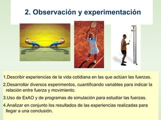 2. Observación y experimentación
1.Describir experiencias de la vida cotidiana en las que actúan las fuerzas.
2.Desarrollar diversos experimentos, cuantificando variables para indicar la
relación entre fuerza y movimiento.
3.Uso de ExAO y de programas de simulación para estudiar las fuerzas.
4.Analizar en conjunto los resultados de las experiencias realizadas para
llegar a una conclusión.
 