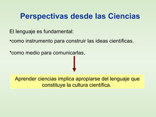Perspectivas desde las Ciencias
El lenguaje es fundamental:
•como instrumento para construir las ideas científicas.
•como medio para comunicarlas.
Aprender ciencias implica apropiarse del lenguaje que
constituye la cultura científica.
 
