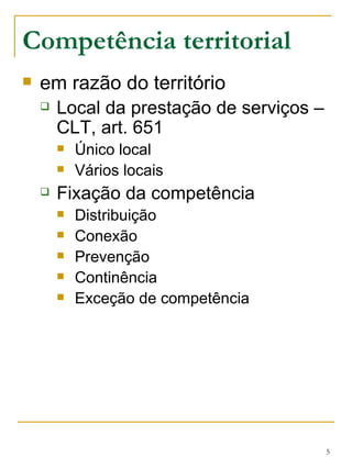 Competência territorial em razão do território Local da prestação de serviços – CLT, art. 651 Único local Vários locais Fixação da competência Distribuição Conexão Prevenção Continência Exceção de competência 
