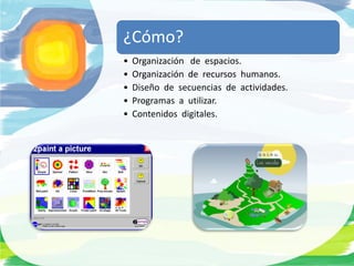 ¿Cómo?
•   Organización de espacios.
•   Organización de recursos humanos.
•   Diseño de secuencias de actividades.
•   Programas a utilizar.
•   Contenidos digitales.
 