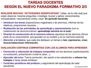 REALIZAR MUCHAS “ACTIVIDADES SIGNIFICATIVAS” (individuales y
cooperativas, útiles, de la vida real). Ejercicios y proyectos interdisciplinares que
exijan observar, hacerse preguntas, investigar, buscar y aplicar conocimientos,
conceptualizar, razonamiento crítico, crear. Se aprende haciendo.
• Introducir los temas (exposiciones magistrales o de alumnos), informar de los
objetivos, proporcionar recursos…
• Realización de las actividades de aprendizaje y asesoramiento (con la
colaboración de alumnos-tutores: aprendizaje servicio en el aula)
• Orientar la construcción de la memoria externa (apuntes) de los alumnos (forma
parte de su conocimiento, que guardan en su cerebro y en su memoria externa)
• Atención a lo básico: que cada día dediquen un tiempo a leer, expresarse, crear,
buscar/seleccionar información.
EVALUACIÓN CONTINUA COMPARTIDA CON LOS ALUMNOS PARA APRENDER
• Corrección y valoración de trabajos compartida con los alumnos (autoevaluación,
co-evaluación, presentación a toda la clase…).
• Aprender del error. Tras la corrección, dar opción a los estudiantes a rehacer los
trabajos o hacer tareas similares.
• Controles periódicos del profesor y seguimiento del aprendizaje de cada
estudiante.
TAREAS DOCENTES
SEGÚN EL NUEVO PARADIGMA FORMATIVO 2/3
Pere Marquès (2014)
 