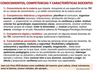 CONOCIMIENTOS, COMPETENCIAS Y CARACTERÍSTICAS DOCENTES
1.- Buen conocimiento de la materia que imparte (y de las dificultades que
encontrarán los alumnos), incluyendo el uso específico de las TIC en su campo de
conocimiento, y un sólido conocimiento de la cultura actual.
2.- Competencias didácticas y organizativas:
- Planificar el currículum, organizar buenas actividades (recursos, interacciones,
lugares, distribución del tiempo y del espacio)
- Gestionar contextos de aprendizaje de confianza y orden, motivar, orientar
aprendizajes profundos (exposiciones/preguntas claras, asesorar, dinamizar grupos,
resolver conflictos, tratar la diversidad multicultural y NEE) y evaluar progresos.
- Tutoría, conocer bien los alumnos, escuchar y exigir, dar afecto y confianza para
que movilicen sus aptitudes y sacar lo mejor de cada uno. Contacto/implicar familias.
- Reflexionar su práctica, investigar, formación continua, y colaborar con colegas.
3.- Competencia digital y mediática: uso personal de las TIC y en algunas tareas
docentes, conocimiento de los lenguajes audiovisual e hipertextual...
4.- Características personales: No todas las personas sirven para ser docentes
(cada día distinto,lleno de imprevistos,continuamente abordar problemas, estar pendiente cada segundo)
-Autoestima, madurez y seguridad, flexibilidad y adaptación, autocontrol y
equilibrio emocional, empatía, imaginación...
- Entusiasmo, creer en lo que hace, vivirlo, transmitir pasión/curiosidad por aprender
- Compromiso y optimismo pedagógico(creer en que sus alumnos pueden aprender)
- Liderazgo (reconocido por su actuación y dedicación, trato personalizado y con
respeto, por su ejemplo y valores).
PereMarquès(2014)
TPACK
 
