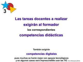 Las tareas docentes a realizar
exigirán al formador
las correspondientes
competencias didácticas
3
También exigirán
competencias digitales
pues muchas se harán mejor con apoyos tecnológicos
y en algunos casos será imprescindible usar las TIC Pere Marquès (2014)
 