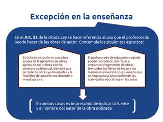 Excepción en la enseñanza

En el Art. 32 de la citada Ley se hace referencia al uso que el profesorado
puede hacer de las obras de autor. Contempla los siguientes aspectos:


    Es lícita la inclusión en una obra     El profesorado de educación reglada
    propia de fragmentos de obras          puede reproducir, distribuir y
    ajenas de naturaleza escrita,          comunicar fragmentos de obras
    sonora o audiovisual, siempre que      (excluídos los libros de texto y los
    se trate de obras ya divulgadas y la   manuales universitarios), siempre que
    finalidad del usuario sea docente o    se haga para la iulustración de las
    investigadora.                         actividades educativas en las aulas.




             En ambos casos es imprescindible indicar la fuente
             y el nombre del autor de la obra utilizada
 