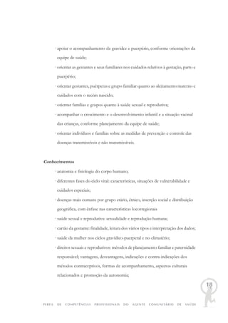 PERFIL DE COMPETÊNCIAS PROFISSIONAIS DO AGENTE COMUNITÁRIO DE SAÚDE
18
· apoiar o acompanhamento da gravidez e puerpério, conforme orientações da
equipe de saúde;
· orientar as gestantes e seus familiares nos cuidados relativos à gestação, parto e
puerpério;
· orientar gestantes, puérperas e grupo familiar quanto ao aleitamento materno e
cuidados com o recém nascido;
· orientar famílias e grupos quanto à saúde sexual e reprodutiva;
· acompanhar o crescimento e o desenvolvimento infantil e a situação vacinal
das crianças, conforme planejamento da equipe de saúde;
· orientar indivíduos e famílias sobre as medidas de prevenção e controle das
doenças transmissíveis e não transmissíveis.
Conhecimentos
· anatomia e fisiologia do corpo humano;
· diferentes fases do ciclo vital: características, situações de vulnerabilidade e
cuidados especiais;
· doenças mais comuns por grupo etário, étnico, inserção social e distribuição
geográfica, com ênfase nas características locorregionais
· saúde sexual e reprodutiva: sexualidade e reprodução humana;
· cartão da gestante: finalidade, leitura dos vários tipos e interpretação dos dados;
· saúde da mulher nos ciclos gravídico-puerperal e no climatério;
· direitos sexuais e reprodutivos: métodos de planejamento familiar e paternidade
responsável; vantagens, desvantagens, indicações e contra-indicações dos
métodos contraceptivos, formas de acompanhamento, aspectos culturais
relacionados e promoção da autonomia;
 