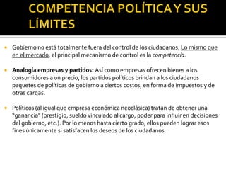COMPETENCIA POLÍTICA Y SUS LÍMITESGobierno no está totalmente fuera del control de los ciudadanos. Lo mismo que en el mercado, el principal mecanismo de control es la competencia.Analogía empresas y partidos: Así como empresas ofrecen bienes a los consumidores a un precio, los partidos políticos brindan a los ciudadanos paquetes de políticas de gobierno a ciertos costos, en forma de impuestos y de otras cargas.Políticos (al igual que empresa económica neoclásica) tratan de obtener una “ganancia” (prestigio, sueldo vinculado al cargo, poder para influir en decisiones del gobierno, etc.). Por lo menos hasta cierto grado, ellos pueden lograr esos fines únicamente si satisfacen los deseos de los ciudadanos.