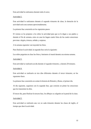 12
Esta actividad la realizamos durante todo el curso.
Actividad 2.
Esta actividad la realizamos durante el segundo trimestre de clase, la duración de la
actividad sería una semana aproximadamente.
La primera fase consistiría en los siguientes pasos:
El viernes se les propone a los niños la actividad para que se lo digan a sus padres y
durante el fin de semana, estos en casa les hagan cuatro fotos de las cuatro emociones
previstas: alegría, tristeza, enfado y sorpresa.
A la semana siguiente van trayendo las fotos.
Para finalizar la actividad, la segunda fase sería la siguiente:
Los niños pegarían en clase las fotos y hariamos el mural durante esa misma semana.
Actividad 3.
Esta actividad se realizaría un día durante el segundo trimestre, y duraría 20 minutos.
Actividad 4.
Esta actividad se realizaría en tres días diferentes durante el tercer trimestre, en las
siguientes fases:
La primera fase consistiría en contar la historia de Rómulo y Remo, el primer día.
Al día siguiente, seguimos con la segunda fase, que consiste en pintar las emociones
que les transmiten la obra.
El tercer día, para finalizar la tercera fase, los dibujos se colgarán en la pared de la clase.
Actividad 5.
Esta actividad se realizaría una vez en cada trimestre durante las clases de inglés, el
tiempo que dure la actividad.
 