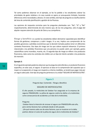 18
LA COMPETENCIA FINANCIERA EN EL MARCO DE PISA 2015 | ORIENTACIONES DIDÁCTICAS
Tal como podemos observar en el ejemplo, se les ha pedido a los estudiantes valorar las
prioridades de gasto relativas a la casa cuando se opera un presupuesto limitado, haciendo
diferencias entre necesidades y deseos. En este sentido, este tipo de pregunta se clasifica dentro
del área de contenido planificación y gestión de las finanzas.
Las opciones de respuesta correctas para las preguntas planteadas son: “No”, “Sí” y “No”
respectivamente, determinando de esta manera que, de las tres preguntas, solo el pago del
alquiler requiere atención de parte de Clara y sus compañeras.
Riesgo y beneficio: es cuando los estudiantes deben demostrar capacidad para identificar
formas de gestionar, compensar y cubrir riesgos. A su vez, implica una comprensión de las
posibles ganancias o pérdidas económicas que la decisión tomada pudiera tener en diferentes
contextos financieros. Dos tipos de riesgo son los que cobran especial relevancia. El primero
relacionado a las pérdidas financieras que una persona no puede cubrir, por ejemplo, gastos
catastróficos como incendios, muerte, etc. El segundo tipo de riesgo se refiere a los productos
financieros, tales como los contratos de crédito con un tipo de interés variable o los productos
de inversión.
Ejemplo 3:
En el siguiente ejemplo podemos observar que la pregunta está referida a un producto financiero
específico, en este caso, el seguro. El ejercicio se basa en la comprensión del supuesto que si
mayor es la exposición al riesgo con respecto a criterios medibles, se tendrá que pagar más por
un seguro adecuado. Este tipo de pregunta pertenece a la unidad “SEGURO DE MOTOCICLETAS”.
El año pasado, la moticicleta de Esteban fue asegurada en la empresa de
seguros PINASEGURA. La póliza de seguros cubría los daños a la moticicleta
como consecuencia de accidentes y al robo de la moticicleta.
Pregunta:
Esteban tiene la intención de renovar el seguro con PINASEGURA este año,
pero ciertos factores han cambiado desde el año pasado.
¿De qué manera cada uno de estos factores, que se muestran en la tabla,
podrían afectar el costo de la póliza de seguro de la moticicleta de Esteban?
Figura 3
Pregunta tipo: Contenido – Riesgo y Beneficio
SEGURO DE MOTOCICLETAS
 
