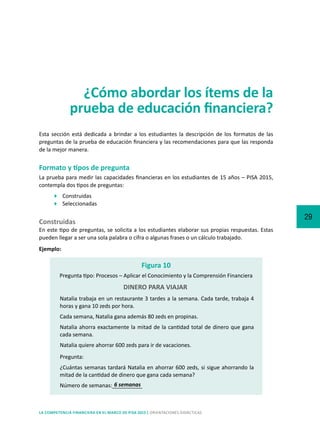 29
LA COMPETENCIA FINANCIERA EN EL MARCO DE PISA 2015 | ORIENTACIONES DIDÁCTICAS
¿Cómo abordar los ítems de la
prueba de educación financiera?
Esta sección está dedicada a brindar a los estudiantes la descripción de los formatos de las
preguntas de la prueba de educación financiera y las recomendaciones para que las responda
de la mejor manera.
Formato y tipos de pregunta
La prueba para medir las capacidades financieras en los estudiantes de 15 años – PISA 2015,
contempla dos tipos de preguntas:
	Construidas
	Seleccionadas
Construidas
En este tipo de preguntas, se solicita a los estudiantes elaborar sus propias respuestas. Estas
pueden llegar a ser una sola palabra o cifra o algunas frases o un cálculo trabajado.
Ejemplo:
Natalia trabaja en un restaurante 3 tardes a la semana. Cada tarde, trabaja 4
horas y gana 10 zeds por hora.
Cada semana, Natalia gana además 80 zeds en propinas.
Natalia ahorra exactamente la mitad de la cantidad total de dinero que gana
cada semana.
Natalia quiere ahorrar 600 zeds para ir de vacaciones.
Figura 10
Pregunta tipo: Procesos – Aplicar el Conocimiento y la Comprensión Financiera
DINERO PARA VIAJAR
Pregunta:
¿Cuántas semanas tardará Natalia en ahorrar 600 zeds, si sigue ahorrando la
mitad de la cantidad de dinero que gana cada semana?
Número de semanas:__________6 semanas
 
