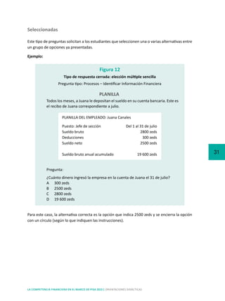 31
LA COMPETENCIA FINANCIERA EN EL MARCO DE PISA 2015 | ORIENTACIONES DIDÁCTICAS
Seleccionadas
Este tipo de preguntas solicitan a los estudiantes que seleccionen una o varias alternativas entre
un grupo de opciones ya presentadas.
Ejemplo:
Todos los meses, a Juana le depositan el sueldo en su cuenta bancaria. Este es
el recibo de Juana correspondiente a julio.
¿Cuánto dinero ingresó la empresa en la cuenta de Juana el 31 de julio?
A	 300 zeds
B	 2500 zeds
C	 2800 zeds
D	 19 600 zeds
Figura 12
Tipo de respuesta cerrada: elección múltiple sencilla
Pregunta tipo: Procesos – Identificar Información Financiera
PLANILLA
PLANILLA DEL EMPLEADO: Juana Canales
Puesto: Jefe de sección	 Del 1 al 31 de julio
Sueldo bruto	 2800 zeds
Deducciones	 300 zeds
Sueldo neto	 2500 zeds
Sueldo bruto anual acumulado	 19 600 zeds
Pregunta:
Para este caso, la alternativa correcta es la opción que indica 2500 zeds y se encierra la opción
con un círculo (según lo que indiquen las instrucciones).
 