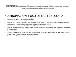 COMPETENCIA: Relaciono el funcionamiento de algunos artefactos, productos,   procesos y
                         sistemas tecnológicos con su utilización segura



• APROPIACION Y USO DE LA TECNOLOGIA
• INDICADORES DE DESEMPEÑO:
•     Utilizo la T.C.I para apoyar mis procesos de aprendizaje y actividades personales. (
      recolectar, seleccionar, organizar y procesar información).
•     Utilizo herramientas y equipos de manera segura para construir equipos, modelos
      y prototipos.
•     Analizo l impacto de artefactos, procesos y sistemas tecnologicos en solucion de
      problemas y satisfaccion de necesidades.
 