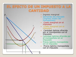 EL EFECTO DE UN IMPUESTO A LA
CANTIDAD












Ingreso marginal
Demanda del mercado
(Ingreso medio del
monopolista)
Coste marginal sin el
impuesto
Coste marginal con el
impuesto
Cantidad óptima ofrecida
por el monopolista con el
impuesto
Cantidad óptima ofrecida por
el monopolista sin el
impuesto
Precio óptimo monopolista
sin el impuesto
Precio óptimo monopolista
con el impuesto

 