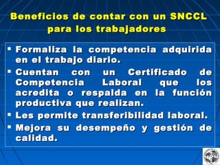 Beneficios de contar con un SNCCLBeneficios de contar con un SNCCL
para los trabajadorespara los trabajadores
 Formaliza la competencia adquiridaFormaliza la competencia adquirida
en el trabajo diario.en el trabajo diario.
 Cuentan con un Certificado deCuentan con un Certificado de
Competencia Laboral que losCompetencia Laboral que los
acredita o respalda en la funciónacredita o respalda en la función
productiva que realizan.productiva que realizan.
 Les permite transferibilidad laboral.Les permite transferibilidad laboral.
 Mejora su desempeño y gestión deMejora su desempeño y gestión de
calidad.calidad.
 