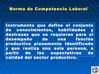Norma de Competencia LaboralNorma de Competencia Laboral
Instrumento que define el conjunto
de conocimientos, habilidades y
destrezas que se requieren para el
desempeño de una función
productiva plenamente identificada
y que realiza una sola persona, a
partir de las expectativas de
calidad del sector productivo.
 