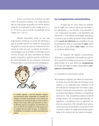 La competencia comunicativa

Como una forma de contribuir a la deﬁnición de procesos realistas y de metas alcanzables en cada grupo de grados, el nivel de desempeño A2 se subdividió en dos niveles: el A 2.1 y
el A 2.2. A su vez, el nivel B1 se subdividió en los
niveles B 1.1 y B 1.2.

Al igual que en otras áreas, los estándares de inglés son criterios claros que permiten a
los estudiantes y a sus familias, a los docentes y
a las instituciones escolares, a las Secretarías de
Educación y a las demás autoridades educativas,
conocer lo que se debe aprender. Sirven, además,
como punto de referencia para establecer lo que
los estudiantes están en capacidad de saber sobre
el idioma y lo que deben saber hacer con él en
un contexto determinado.

Resulta importante insistir en que esta
organización constituye un punto de referencia y
que es posible superar los niveles en cada grupo
de grados. La tarea de todas las instituciones educativas es velar por que sus planes de estudio y
las estrategias que se empleen contemplen, como
mínimo, el logro de estos estándares en dichos
grupos de grados y ojalá los superen, conforme a
las particularidades de sus proyectos educativos
institucionales y a sus orientaciones pedagógicas.

El conjunto de saberes, conocimientos,
destrezas y características individuales que permite a una persona realizar acciones en un contexto
determinado es lo que deﬁne las competencias.
En el caso del inglés se espera desarrollar la competencia comunicativa.
La competencia comunicativa incluye:

•Competencia lingüística. Se reﬁere al conocimien-

to de los recursos formales de la lengua como
sistema y a la capacidad para utilizarlos en la
formulación de mensajes bien formados y signiﬁcativos. Incluye los conocimientos y las destrezas léxicas, fonológicas, sintácticas y ortográﬁcas,
entre otras. Esta competencia implica, no sólo el
manejo teórico de conceptos gramaticales, ortográﬁcos o semánticos, sino su aplicación en
diversas situaciones. (Por ejemplo, hacer asociaciones para usar el vocabulario conocido en otro
contexto o aplicar las reglas gramaticales aprendidas en la construcción de nuevos mensajes).

Los nombres asignados a cada nivel pretenden establecer
una nomenclatura común, comprensible a la comunidad. Sin
embargo, no coinciden necesariamente con los nombres que
las instituciones de enseñanza de inglés, los textos escolares o
el Marco Común Europeo utilizan para denominar sus cursos o
las diferentes etapas de sus programas. Para determinar si un
curso o un libro de texto responde a las metas propuestas en
los estándares hay que analizar los logros, las competencias,
las habilidades, los contenidos y los niveles de desempeño que
propone.

11

 