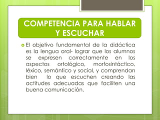 COMPETENCIA PARA HABLAR
       Y ESCUCHAR
 El objetivo fundamental de la didáctica
  es la lengua oral- lograr que los alumnos
  se expresen correctamente en los
  aspectos ortológico, morfosintáctico,
  léxico, semántico y social, y comprendan
  bien     lo que escuchen creando las
  actitudes adecuadas que faciliten una
  buena comunicación.
 