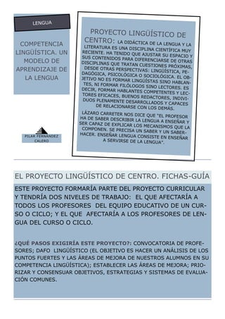 LENGUA
                        PROYECTO LINGÜÍSTICO
                                                        DE
                       CENTRO: LA DIDÁCTICA DE LA LENG
  COMPETENCIA          LITERATURA ES UNA DISC
                                                       UA Y LA
                                               IPLINA CIENTÍFICA MUY
LINGÜÍSTICA. UN       RECIENTE. HA TENIDO QU
                                              E AJUSTAR SU ESPACIO Y
                      SUS CONTENIDOS PARA
                                             DIFERENCIARSE DE OTRA
   MODELO DE          DISCIPLINAS QUE TRATAN                         S
                                               CUESTIONES PRÓXIMAS,
APRENDIZAJE DE         DESDE OTRAS PERSPECT
                                              IVAS: LINGÜÍSTICA, PE-
                      DAGÓGICA, PSICOLÓGICA
                                               O SOCIOLÓGICA. EL OB-
   LA LENGUA          JETIVO NO ES FORMAR LIN
                                               GÜÍSTAS SINO HABLAN-
                       TES, NI FORMAR FILÓLOG
                                               OS SINO LECTORES. ES
                      DECIR, FORMAR HABLAN
                                            TES COMPETENTES Y LEC-
                      TORES EFICACES, BUENOS
                                                REDACTORES, INDIVI-
                       DUOS PLENAMENTE DESA
                                              RROLLADOS Y CAPACES
                            DE RELACIONARSE CON
                                                   LOS DEMÁS.
                      LÁZARO CARRETER NOS
                                             DICE QUE “EL PROFESOR
                     HA DE SABER DESCRIBIR
                                             LA LENGUA A ENSEÑAR Y
                     SER CAPAZ DE EXPLICAR
                                            LOS MECANISMOS QUE LA
                      COMPONEN. SE PRECISA
                                             UN SABER Y UN SABER-
                     HACER. ENSEÑAR LENGUA
   PILAR FERNÁNDEZ                            CONSISTE EN ENSEÑAR
        CALERO                  A SERVIRSE DE LA LENG
                                                      UA”.




EL PROYECTO LINGÜÍSTICO DE CENTRO. FICHAS-GUÍA
ESTE PROYECTO FORMARÍA PARTE DEL PROYECTO CURRICULAR
Y TENDRÍA DOS NIVELES DE TRABAJO: EL QUE AFECTARÍA A
TODOS LOS PROFESORES DEL EQUIPO EDUCATIVO DE UN CUR-
SO O CICLO; Y EL QUE AFECTARÍA A LOS PROFESORES DE LEN-
GUA DEL CURSO O CICLO.


¿QUÉ PASOS EXIGIRÍA ESTE PROYECTO?: CONVOCATORIA DE PROFE-
SORES; DAFO LINGÜÍSTICO (EL OBJETIVO ES HACER UN ANÁLISIS DE LOS
PUNTOS FUERTES Y LAS ÁREAS DE MEJORA DE NUESTROS ALUMNOS EN SU
COMPETENCIA LINGÜÍSTICA); ESTABLECER LAS ÁREAS DE MEJORA; PRIO-
RIZAR Y CONSENSUAR OBJETIVOS, ESTRATEGIAS Y SISTEMAS DE EVALUA-
CIÓN COMUNES.
 