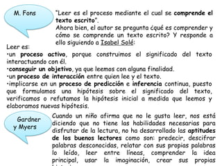 M. Fons       “Leer es el proceso mediante el cual se comprende el
                texto escrito”.
                Ahora bien, el autor se pregunta ¿qué es comprender y
                cómo se comprende un texto escrito? Y responde a
                ello siguiendo a Isabel Solé:
Leer es:
•un proceso activo, porque construimos el significado del texto
interactuando con él.
•conseguir un objetivo, ya que leemos con alguna finalidad.
•un proceso de interacción entre quien lee y el texto.
•implicarse en un proceso de predicción e inferencia continua, puesto
que formulamos una hipótesis sobre el significado del texto,
verificamos o refutamos la hipótesis inicial a medida que leemos y
elaboramos nuevas hipótesis.
               Cuando un niño afirma que no le gusta leer, nos está
   Gardner
               diciendo que no tiene las habilidades necesarias para
  y Myers
               disfrutar de la lectura, no ha desarrollado las aptitudes
               de los buenos lectores como son: predecir, descifrar
               palabras desconocidas, relatar con sus propias palabras
               lo leído, leer entre líneas, comprender la idea
               principal, usar la imaginación, crear sus propias
 