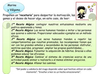 Marina
   y Válgoma
Proponen un “recetario” para despertar la motivación, las
ganas y el deseo de hacer algo, en este caso, de leer:

      1ª Receta Mágica: contagiar nuestros entusiasmos mediante una
      poética apasionada y tenaz.
      2ª Receta Mágica: Los seres humanos tienden a imitar a las personas
      que quieres o admiran. Proporcionar adecuados ejemplos es un método
      eficaz.
      3ª Receta Mágica: Los seres humanos tienden a repetir los
      comportamientos que resultan premiados, las recompensas tienen que
      ver con los grandes anhelos y necesidades de las personas: disfrutar,
      sentirse queridos, progresar, ampliar las propias posibilidades,…
      4ª Receta Mágica: Fomentar la adquisición de hábitos. Gracias a ellos
      podemos educar las aficiones.
      5ª Receta Mágica: Cambiar el sistema de creencias acerca de una
      actividad puede animar a realizarla o al menos eliminar prejuicios.
      6ª Receta Mágica: Allanar los caminos.

          “Del poder y sabiduría del mago depende saber qué hechizo utilizar en cada
                    momento”. “Enseñar a leer es un hecho emocionante”.
 