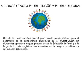 4. COMPETENCIA PLURILINGÜE Y PLURICULTURAL




 Uno de los instrumentos que el profesorado puede utilizar para el
 desarrollo de la competencia plurilingüe es el PORTFOLIO. En
 él, quienes aprenden lenguas pueden, desde la Educación Infantil y a lo
 largo de la vida, registrar sus experiencias de lenguas y culturas y
 reflexionar sobre ellas.
 