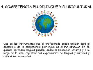 4. COMPETENCIA PLURILINGÜE Y PLURICULTURAL




 Uno de los instrumentos que el profesorado puede utilizar para el
 desarrollo de la competencia plurilingüe es el PORTFOLIO. En él,
 quienes aprenden lenguas pueden, desde la Educación Infantil y a lo
 largo de la vida, registrar sus experiencias de lenguas y culturas y
 reflexionar sobre ellas.
 