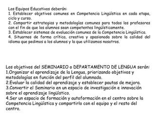 Los Equipos Educativos deberán:
 1. Establecer objetivos comunes en Competencia Lingüística en cada etapa,
 ciclo y curso.
 2. Compartir estrategias y metodologías comunes para todos los profesores
 con el fin de que los alumnos sean competentes lingüísticamente.
 3. Establecer sistemas de evaluación comunes de la Competencia Lingüística.
 4. Situarnos de forma crítica, creativa y apasionada sobre la calidad del
 idioma que pedimos a los alumnos y la que utilizamos nosotros.




Los objetivos del SEMINARIO o DEPARTAMENTO DE LENGUA serán:
1.Organizar el aprendizaje de la Lengua, priorizando objetivos y
metodologías en función del perfil del alumnado.
2.Evaluar la calidad del aprendizaje y establecer pautas de mejora.
3.Convertir el Seminario en un espacio de investigación e innovación
sobre el aprendizaje lingüístico.
4.Ser un espacio de formación y autoformación en el centro sobre la
Competencia Lingüística y compartirlo con el equipo y el resto del
centro.
 