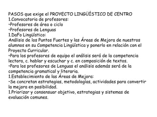 PASOS que exige el PROYECTO LINGÜÍSTICO DE CENTRO
1.Convocatoria de profesores:
•Profesores de área o ciclo
•Profesores de Lenguas
1.DaFo Lingüístico:
Análisis de los Puntos Fuertes y las Áreas de Mejora de nuestros
alumnos en su Competencia Lingüística y ponerlo en relación con el
Proyecto Curricular.
•Para los profesores de equipo el análisis será de la competencia
lectora, c. hablar y escuchar y c. en composición de textos.
•Para los profesores de Lenguas el análisis además será de la
competencia gramatical y literaria.
1.Establecimiento de las Áreas de Mejora:
•Se concretan estrategias, metodologías, actividades para convertir
la mejora en posibilidad.
1.Priorizar y consensuar objetivo, estrategias y sistemas de
evaluación comunes.
 