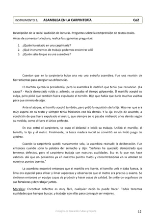 12Consejería de Educación, Cultura y Deporte
 
 
Descripción de la tarea: Audición de lecturas. Preguntas sobre la comprensión de textos orales. 
Antes de comenzar la lectura, realice las siguientes preguntas: 
1. ¿Quién ha estado en una carpintería? 
2. ¿Qué instrumentos de trabajo podemos encontrar allí? 
3. ¿Quién sabe lo que es una asamblea? 
 
 
Cuentan  que  en  la  carpintería  hubo  una  vez  una  extraña  asamblea.  Fue  una  reunión  de 
herramientas para arreglar sus diferencias. 
El martillo ejerció la presidencia, pero la asamblea le notificó que tenía que renunciar. ¿La 
causa? ‐ Hacía demasiado ruido y, además, se pasaba el tiempo golpeando. El martillo aceptó su 
culpa, pero pidió que también fuera expulsado el tornillo. Dijo que había que darle muchas vueltas 
para que sirviera de algo. 
Ante el ataque, el tornillo aceptó también, pero pidió la expulsión de la lija. Hizo ver que era 
muy  áspera  en  su  trato  y  siempre tenía  fricciones  con  los  demás.  Y  la  lija  estuvo  de  acuerdo,  a 
condición de que fuera expulsado el metro, que siempre se lo pasaba midiendo a los demás según 
su medida, como si fuera el único perfecto. 
En  eso  entró  el  carpintero,  se  puso  el  delantal  e  inició  su  trabajo.  Utilizó  el  martillo,  el 
tornillo,  la  lija  y  el  metro.  Finalmente,  la  tosca  madera  inicial  se  convirtió  en  un  lindo  juego  de 
ajedrez. 
Cuando  la  carpintería  quedó  nuevamente  sola,  la  asamblea  reanudó  la  deliberación.  Fue 
entonces  cuando  sonó  la  palabra  del  serrucho  y  dijo:  "Señores  ha  quedado  demostrado  que 
tenemos  defectos,  pero  el  carpintero  trabaja  con  nuestras  cualidades.  Eso  es  lo  que  nos  hace 
valiosos. Así que no pensemos ya en nuestros puntos malos y concentrémonos en la utilidad de 
nuestros puntos buenos." 
La asamblea encontró entonces que el martillo era fuerte, el tornillo unía y daba fuerza, la 
lima era especial para afinar y limar asperezas y observaron que el metro era preciso y exacto. Se 
sintieron entonces un equipo capaz de producir y hacer cosas de calidad. Se sintieron orgullosos de 
sus fortalezas y de trabajar juntos. 
Moraleja:  Encontrar  defectos  es  muy  fácil,  cualquier  necio  lo  puede  hacer.  Todos  tenemos 
cualidades que hay que buscar, y trabajar con ellas para conseguir ser mejores. 
 
INSTRUMENTO 2.   ASAMBLEA EN LA CARPINTERÍA          Co2
 