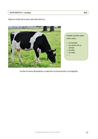 21Consejería de Educación, Cultura y Deporte
 
 
Fíjate en la foto de la vaca y describe cómo es.  
 
 
 
 
 
 
Escribe al menos 60 palabras y cuida bien la presentación y la ortografía.  
INSTRUMENTO 3.  La vaca                                Ee3 
Puedes escribir sobre 
estas cosas: 
 Su tamaño. 
 Las partes de su 
cuerpo. 
 Su pelo. 
 Su color. 
 … 
 
 