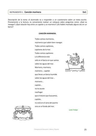 25Consejería de Educación, Cultura y Deporte
 
 
Descripción  de  la  tarea:  el  alumnado  va  a  responder  a  un  cuestionario  sobre  un  texto  escrito. 
Previamente  a  la  lectura,  es  conveniente  realizar  un  coloquio  sobre  preguntas  como:  ¿Qué  es 
navegar? ¿Qué relación hay entre un capitán y un marinero? ¿Os habéis montado alguna vez en un 
barco? 
 
         CANCIÓN MARINERA.  
Todos somos marineros, 
marineros que saben bien navegar. 
Todos somos capitanes, 
capitanes de la mar. 
Todos somos capitanes  
y la diferencia está 
solo en el barco en que vamos 
sobre las aguas del mar. 
Marinero, marinero; 
marinero... capitán 
que llevas un barco humilde 
sobre las aguas del mar... 
marinero... 
capitán... 
no te asuste 
naufragar 
que el tesoro que buscamos, 
capitán, 
no está en el seno del puerto 
sino en el fondo del mar.  
León Felipe 
 
 
INSTRUMENTO 1.  Canción marinera                                     Ce1
 