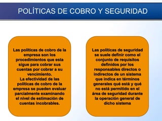 POLÍTICAS DE COBRO Y SEGURIDAD
Las políticas de cobro de la
empresa son los
procedimientos que esta
sigue para cobrar sus
cuentas por cobrar a su
vencimiento.
La efectividad de las
políticas de cobro de la
empresa se pueden evaluar
parcialmente examinando
el nivel de estimación de
cuentas incobrables.
Las políticas de seguridad
se suele definir como el
conjunto de requisitos
definidos por los
responsables directos o
indirectos de un sistema
que indica en términos
generales qué está y qué
no está permitido en el
área de seguridad durante
la operación general de
dicho sistema
 