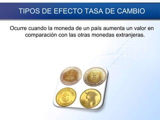 TIPOS DE EFECTO TASA DE CAMBIO
Ocurre cuando la moneda de un país aumenta un valor en
comparación con las otras monedas extranjeras.
 