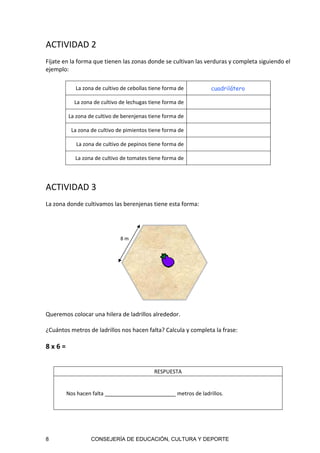 8 CONSEJERÍA DE EDUCACIÓN, CULTURA Y DEPORTE
ACTIVIDAD 2           
 
Fíjate en la forma que tienen las zonas donde se cultivan las verduras y completa siguiendo el 
ejemplo: 
  
La zona de cultivo de cebollas tiene forma de cuadrilátero 
La zona de cultivo de lechugas tiene forma de  
La zona de cultivo de berenjenas tiene forma de  
La zona de cultivo de pimientos tiene forma de  
La zona de cultivo de pepinos tiene forma de  
La zona de cultivo de tomates tiene forma de  
 
 
ACTIVIDAD 3 
 
La zona donde cultivamos las berenjenas tiene esta forma: 
 
 
 
 
 
 
 
 
 
 
 
 
 
Queremos colocar una hilera de ladrillos alrededor. 
 
¿Cuántos metros de ladrillos nos hacen falta? Calcula y completa la frase: 
 
8 x 6 =  
 
 
RESPUESTA 
 
Nos hacen falta ______________________ metros de ladrillos. 
8 m 
 
