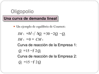 Oligopolio <ul><li>Un ejemplo de equilibrio de Cournot: </li></ul>1 2 2 1 2 1 1 2 1 15 2 1 15 0 2 30 Q Q Q Q CM  1 IM  1 Q...