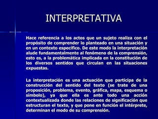 INTERPRETATIVA Hace referencia a los actos que un sujeto realiza con el propósito de comprender lo planteado en una situación y en un contexto específico. De este modo la interpretación alude fundamentalmente al fenómeno de la comprensión, esto es, a la problemática implicada en la constitución de los diversos sentidos que circulan en las situaciones expuestas.  La interpretación es una actuación que participa de la construcción del sentido del texto (se trate de una  proposición, problema, evento, gráfica, mapa, esquema o símbolo),  ya que ella es ante todo una acción contextualizada donde las relaciones de significación que estructuran el texto, y que pone en función el intérprete, determinan el modo de su comprensión. 