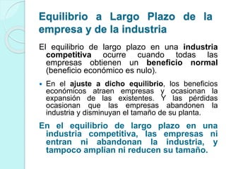 El equilibrio de largo plazo en una industria
competitiva ocurre cuando todas las
empresas obtienen un beneficio normal
(beneficio económico es nulo).
 En el ajuste a dicho equilibrio, los beneficios
económicos atraen empresas y ocasionan la
expansión de las existentes. Y las pérdidas
ocasionan que las empresas abandonen la
industria y disminuyan el tamaño de su planta.
En el equilibrio de largo plazo en una
industria competitiva, las empresas ni
entran ni abandonan la industria, y
tampoco amplían ni reducen su tamaño.
Equilibrio a Largo Plazo de la
empresa y de la industria
 