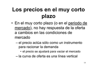 Los
L precios en el muy corto
      i       l        t
         plazo
• En el muy corto p
          y       plazo ( en el periodo de
                        (o      p
  mercado), no hay respuesta de la oferta
  a cambios en las condiciones de
  mercado
  – el precio actúa sólo como un i t
     l     i    tú ól            instrumento
                                          t
    para racionar la demanda
     • el precio se ajustará para vaciar el mercado
                           á
  – la curva de oferta es una línea vertical
                                                      14
 