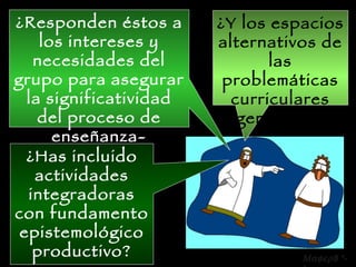 ¿Y los espacios alternativos de las problemáticas curriculares generales? ¿Responden éstos a los intereses y necesidades del grupo para asegurar la significatividad del proceso de enseñanza-aprendizaje? ¿Has incluido actividades integradoras con fundamento epistemológico productivo?  8 *-* 
