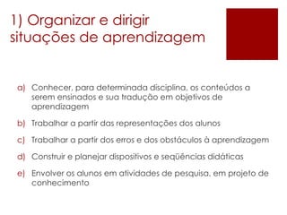 1) Organizar e dirigir situações de aprendizagem Conhecer, para determinada disciplina, os conteúdos a serem ensinados e sua tradução em objetivos de aprendizagem Trabalhar a partir das representações dos alunos Trabalhar a partir dos erros e dos obstáculos à aprendizagem Construir e planejar dispositivos e seqüências didáticas Envolver os alunos em atividades de pesquisa, em projeto de conhecimento 